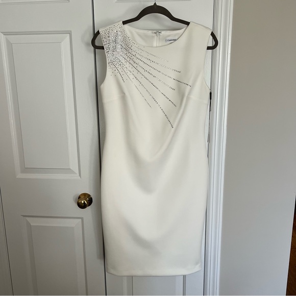 Calvin Klein Embellished Scuba Sheath Dress Cream Size 10 - Picture 1 of 8